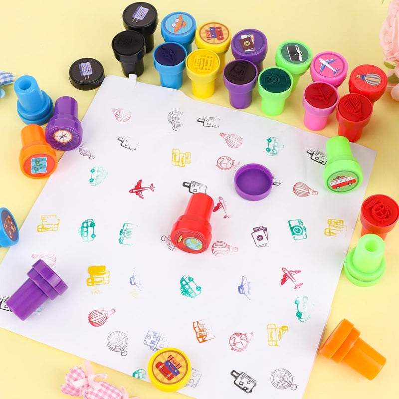 Lemicin 24 Pcs Adventure Travel Print Stamps Colorful Self Inking Stamp Mini Holiday Travel Stamps Birthday Party Favors for Boys Classroom Rewards Carnival Prizes Supplies Adventure Party - Image 2
